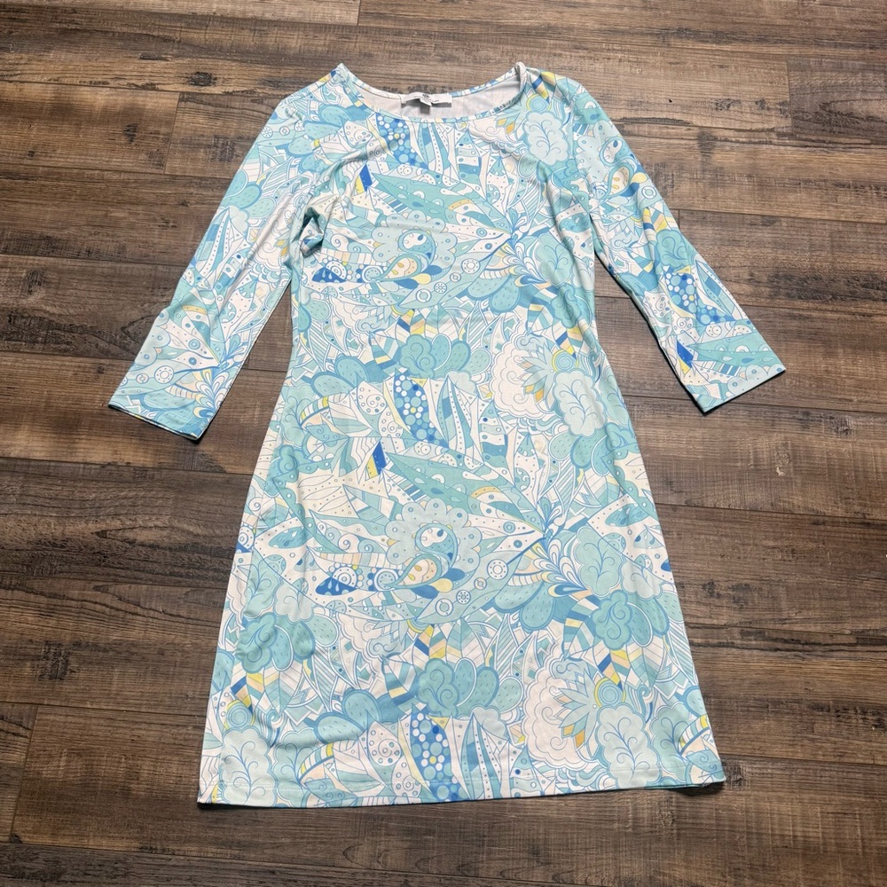 Jean-Pierre Klifa Blue and White Patterned Shift Dress